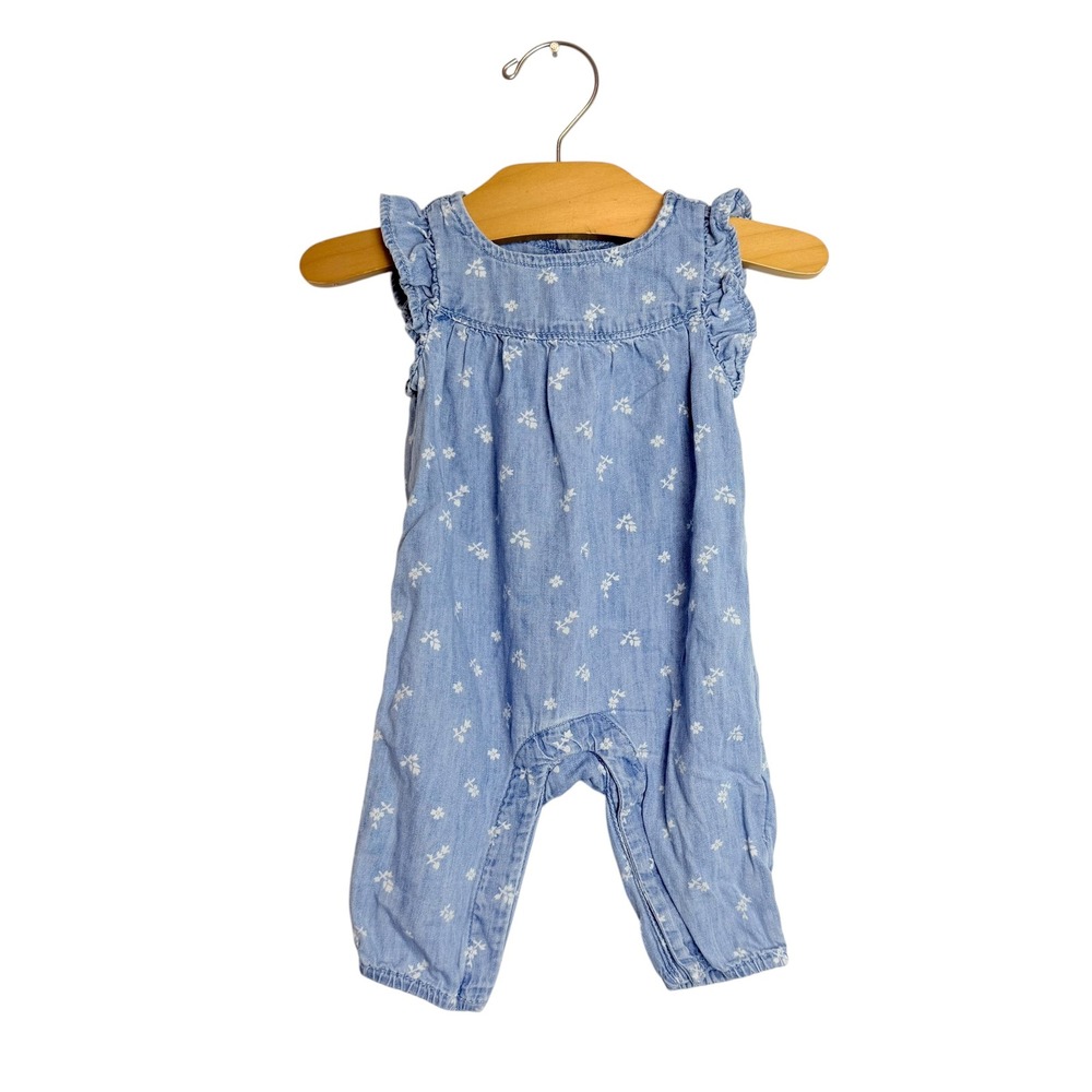 Gap Denim Baby Romper Blue Floral Ruffle Sleeveless One Piece 0-3 Months